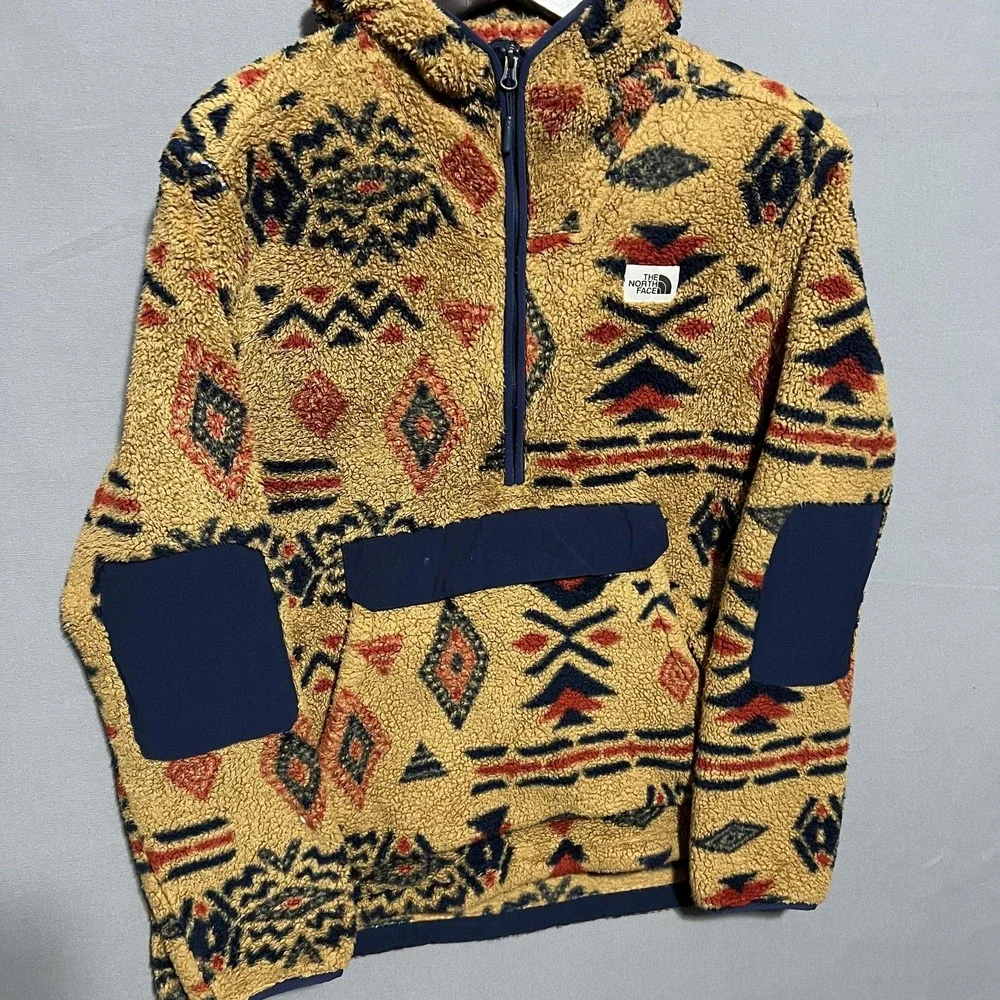 The North Face Jacket Mens XL Yellow Fleece Hooded 1/4 Zip Aztec Print Anorak